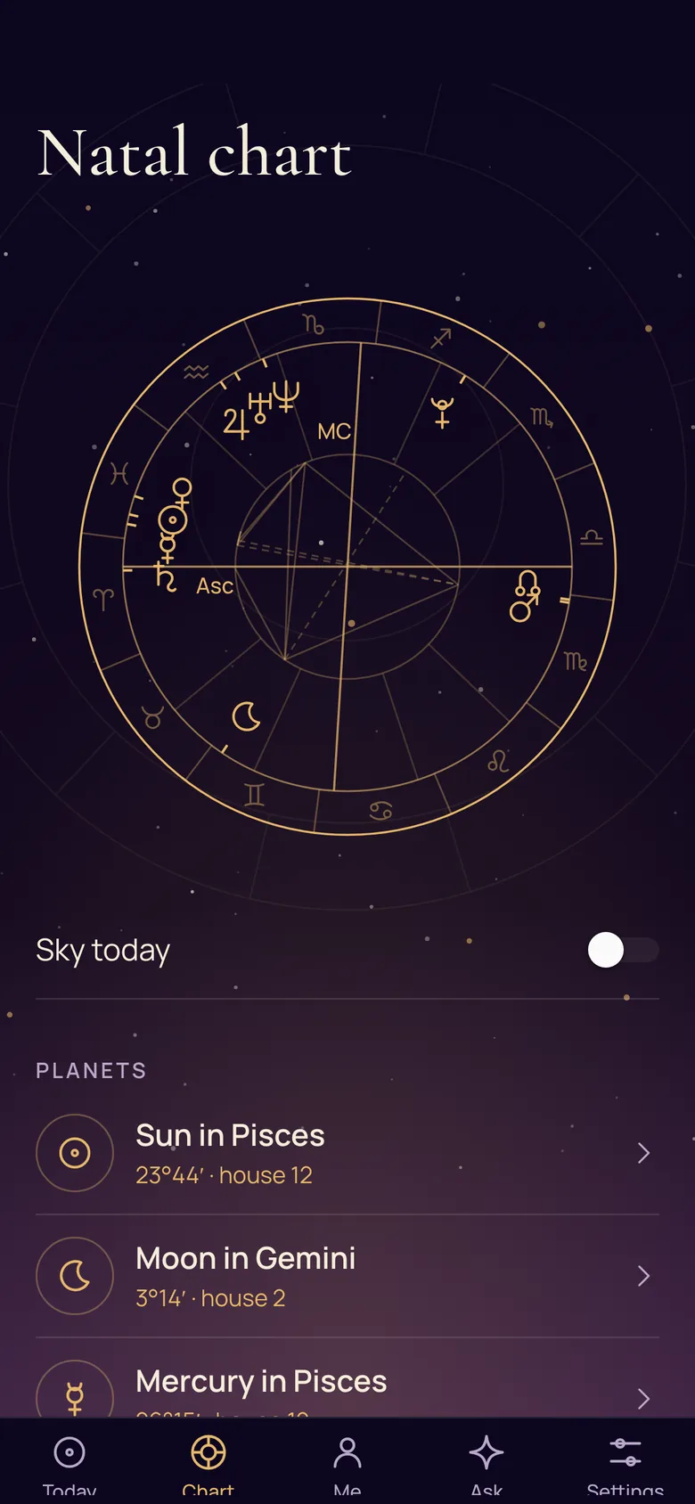 The Chart screen: the natal wheel with planets, houses and aspects