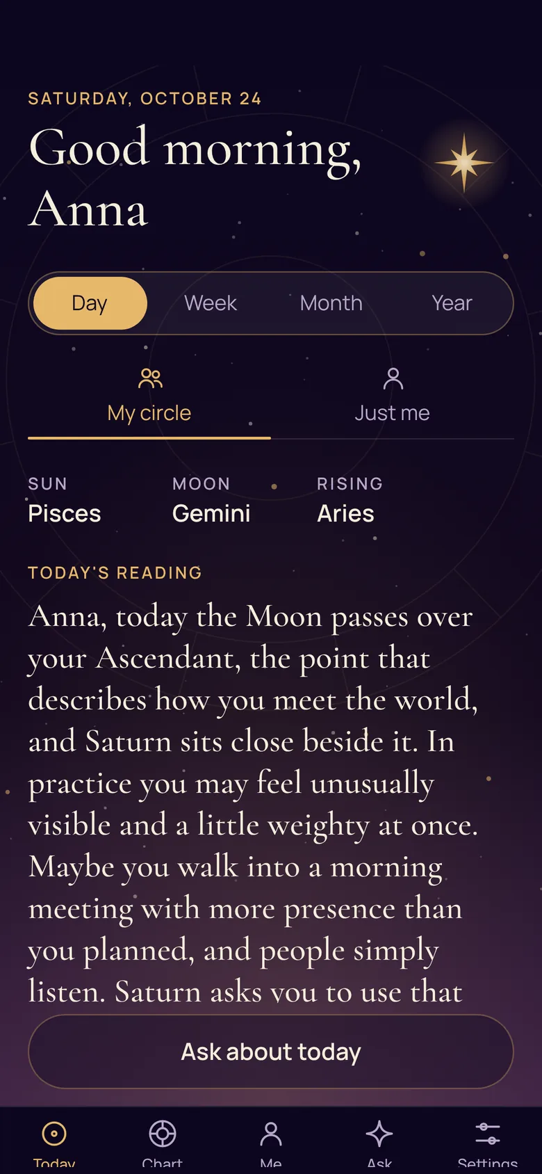 The Today screen: the day’s reading, with the Sun, Moon and rising sign